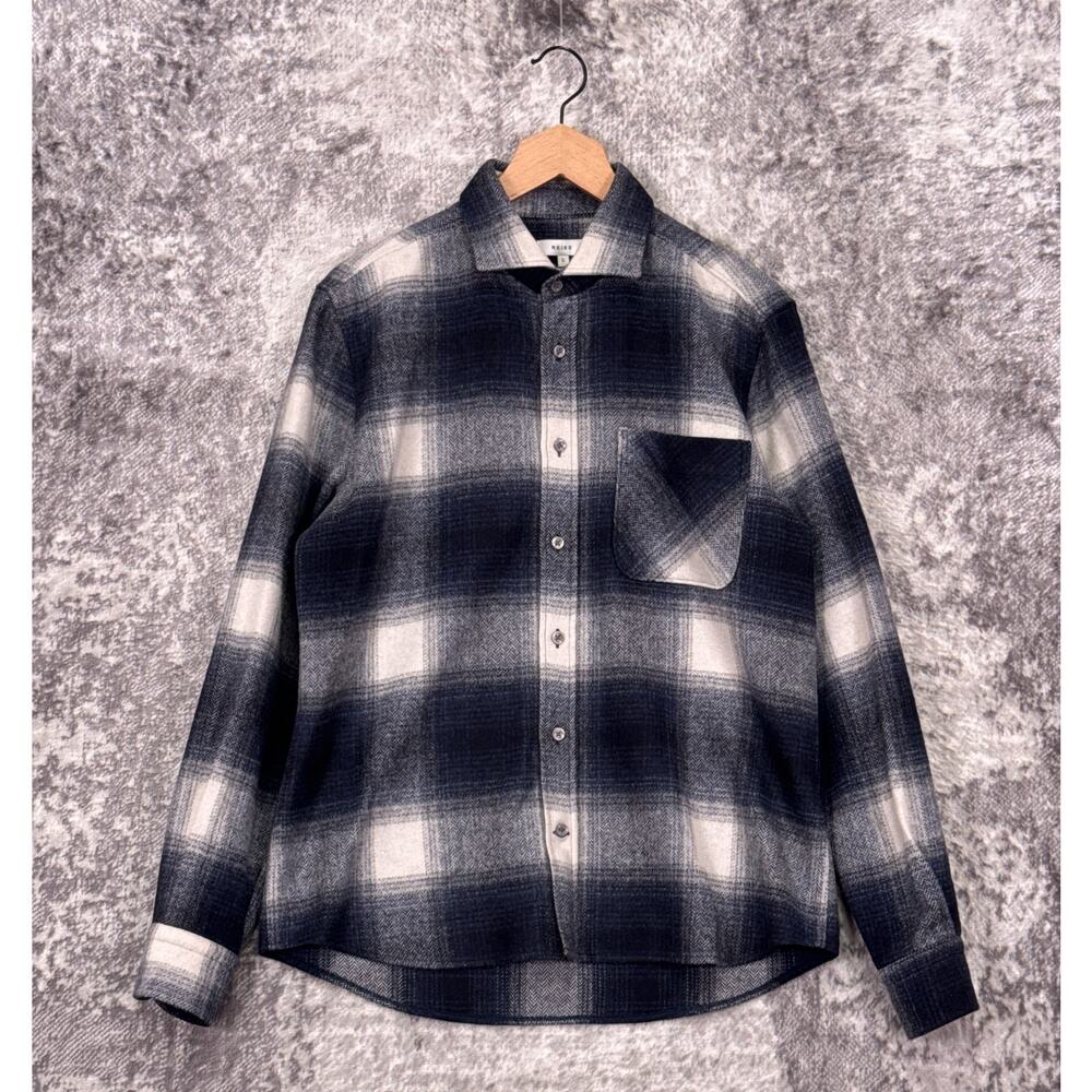 REISS Wool Flannel Shirt Large Mens Blue Plaid Button Down Overshirt
